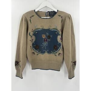 Herman Geist Vintage Sweater Womens Medium Brown Blue Floral Crochet Knit Wool
